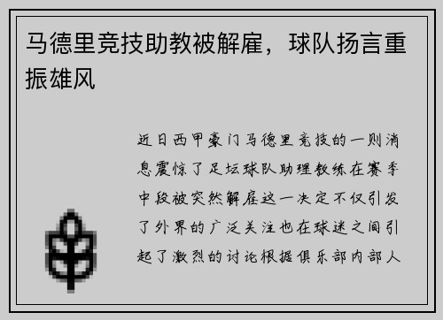 马德里竞技助教被解雇，球队扬言重振雄风