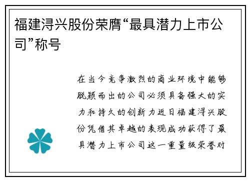 福建浔兴股份荣膺“最具潜力上市公司”称号